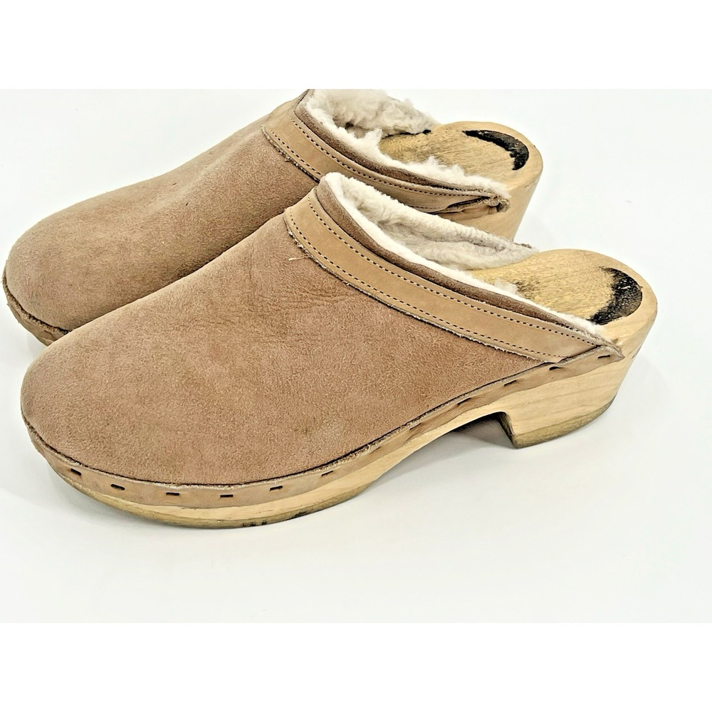 No. 6 Dakota Shearling Mid Heel Fawn Suede Bone Clogs 41 US 10.5/11 Boho 90s